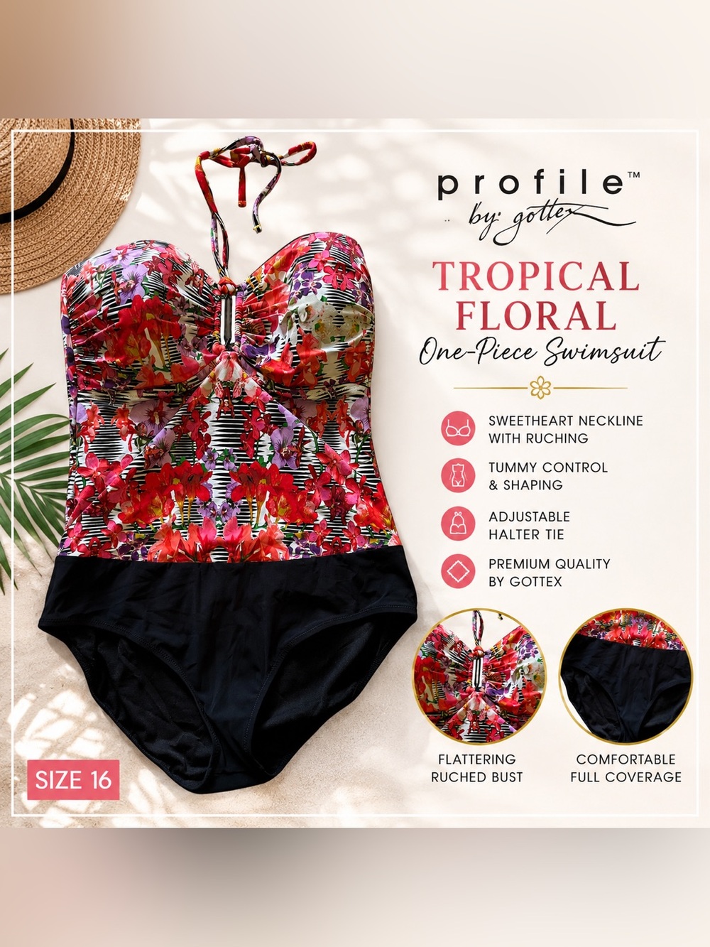 Profile by Gottex Tropical Floral Ruched One Piece Swimsuit SZ 16 Halter Summer‎